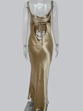 Load image into Gallery viewer, Women Sexy Spaghetti Strap Backless Maxi Dress Satin Lace Up Dress