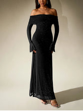 Load image into Gallery viewer, NewAsia Women&#39;s Bell Sleeve Off Shoulder Sequin Long Dress Backless Double Layer Club Party Sparkling Mesh Maxi Dresses Brown