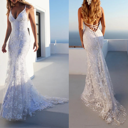 Women Long Dress White Sexy Lace V Neck Backless Lace Up Maxi