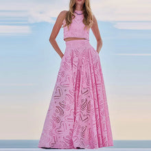 Load image into Gallery viewer, Hollow Out Sleeveless Top Half Skirt Set Embroidered Pocket Long Skirts Waist Cinching Two-Piece Set