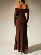 Load image into Gallery viewer, NewAsia Women&#39;s Bell Sleeve Off Shoulder Sequin Long Dress Backless Double Layer Club Party Sparkling Mesh Maxi Dresses Brown
