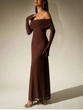 Load image into Gallery viewer, NewAsia Women&#39;s Bell Sleeve Off Shoulder Sequin Long Dress Backless Double Layer Club Party Sparkling Mesh Maxi Dresses Brown