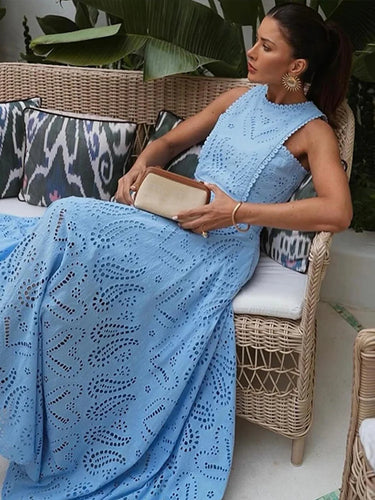 Hollow Out Sleeveless Top Half Skirt Set Embroidered Pocket Long Skirts Waist Cinching Two-Piece Set