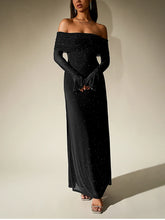 Load image into Gallery viewer, NewAsia Women&#39;s Bell Sleeve Off Shoulder Sequin Long Dress Backless Double Layer Club Party Sparkling Mesh Maxi Dresses Brown