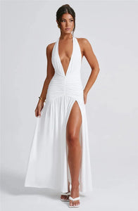 Deep V Neck Backless Maxi Dress Solid Thigh High Split