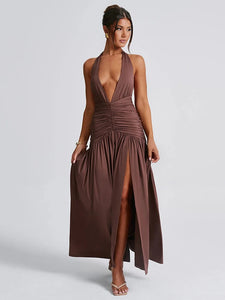 Deep V Neck Backless Maxi Dress Solid Thigh High Split