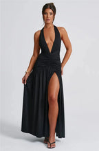Load image into Gallery viewer, Deep V Neck Backless Maxi Dress Solid Thigh High Split