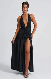 Deep V Neck Backless Maxi Dress Solid Thigh High Split