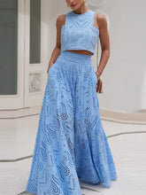 Load image into Gallery viewer, Hollow Out Sleeveless Top Half Skirt Set Embroidered Pocket Long Skirts Waist Cinching Two-Piece Set
