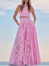 Load image into Gallery viewer, Hollow Out Sleeveless Top Half Skirt Set Embroidered Pocket Long Skirts Waist Cinching Two-Piece Set