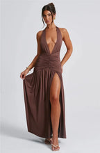 Load image into Gallery viewer, Deep V Neck Backless Maxi Dress Solid Thigh High Split