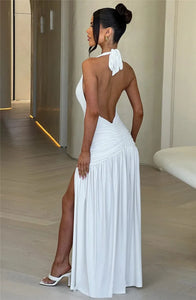 Deep V Neck Backless Maxi Dress Solid Thigh High Split