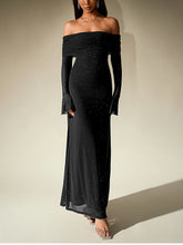 Load image into Gallery viewer, NewAsia Women&#39;s Bell Sleeve Off Shoulder Sequin Long Dress Backless Double Layer Club Party Sparkling Mesh Maxi Dresses Brown