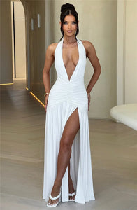 Deep V Neck Backless Maxi Dress Solid Thigh High Split