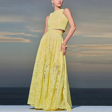 Load image into Gallery viewer, Hollow Out Sleeveless Top Half Skirt Set Embroidered Pocket Long Skirts Waist Cinching Two-Piece Set