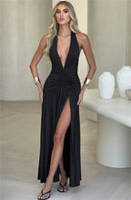 Load image into Gallery viewer, Deep V Neck Backless Maxi Dress Solid Thigh High Split