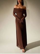 Load image into Gallery viewer, NewAsia Women&#39;s Bell Sleeve Off Shoulder Sequin Long Dress Backless Double Layer Club Party Sparkling Mesh Maxi Dresses Brown