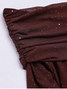 NewAsia Women's Bell Sleeve Off Shoulder Sequin Long Dress Backless Double Layer Club Party Sparkling Mesh Maxi Dresses Brown