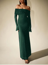 Load image into Gallery viewer, NewAsia Women&#39;s Bell Sleeve Off Shoulder Sequin Long Dress Backless Double Layer Club Party Sparkling Mesh Maxi Dresses Brown