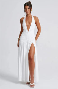 Deep V Neck Backless Maxi Dress Solid Thigh High Split