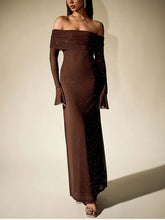 Load image into Gallery viewer, NewAsia Women&#39;s Bell Sleeve Off Shoulder Sequin Long Dress Backless Double Layer Club Party Sparkling Mesh Maxi Dresses Brown