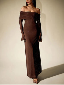 NewAsia Women's Bell Sleeve Off Shoulder Sequin Long Dress Backless Double Layer Club Party Sparkling Mesh Maxi Dresses Brown