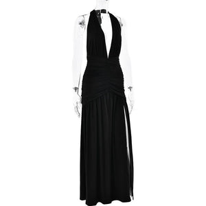 Deep V Neck Backless Maxi Dress Solid Thigh High Split