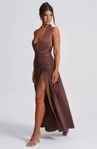 Deep V Neck Backless Maxi Dress Solid Thigh High Split