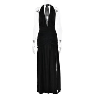 Deep V Neck Backless Maxi Dress Solid Thigh High Split