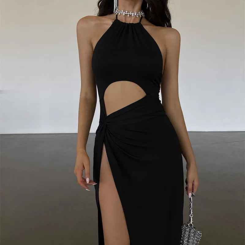 Solid Long Dress Elegant Waist Hollow Out High Split Dresses