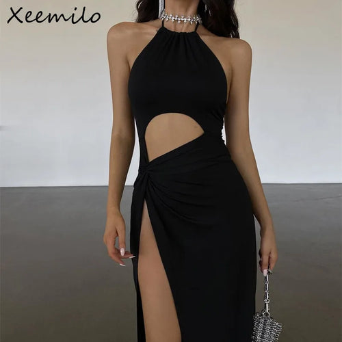 Solid Long Dress Elegant Waist Hollow Out High Split Dresses
