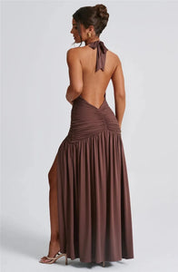 Deep V Neck Backless Maxi Dress Solid Thigh High Split