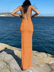 Women Elegant Sleeveless Floral Printed Backless Long Dress