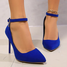 Load image into Gallery viewer, Blue Satin Ankle Strap High Heels Pumps Pointed Toe Stiletto Heels