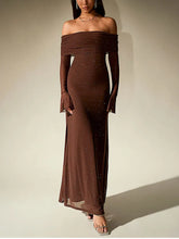 Load image into Gallery viewer, NewAsia Women&#39;s Bell Sleeve Off Shoulder Sequin Long Dress Backless Double Layer Club Party Sparkling Mesh Maxi Dresses Brown