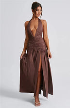 Load image into Gallery viewer, Deep V Neck Backless Maxi Dress Solid Thigh High Split