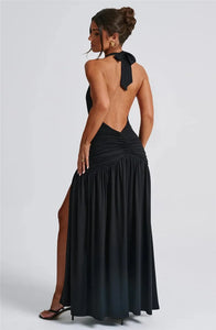 Deep V Neck Backless Maxi Dress Solid Thigh High Split