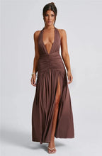 Load image into Gallery viewer, Deep V Neck Backless Maxi Dress Solid Thigh High Split