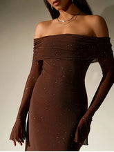 Load image into Gallery viewer, NewAsia Women&#39;s Bell Sleeve Off Shoulder Sequin Long Dress Backless Double Layer Club Party Sparkling Mesh Maxi Dresses Brown