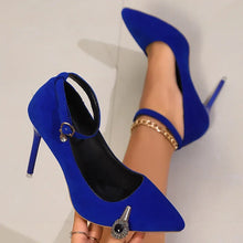 Load image into Gallery viewer, Blue Satin Ankle Strap High Heels Pumps Pointed Toe Stiletto Heels