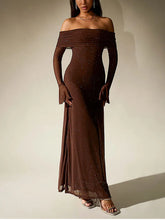 Load image into Gallery viewer, NewAsia Women&#39;s Bell Sleeve Off Shoulder Sequin Long Dress Backless Double Layer Club Party Sparkling Mesh Maxi Dresses Brown