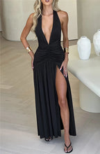 Load image into Gallery viewer, Deep V Neck Backless Maxi Dress Solid Thigh High Split